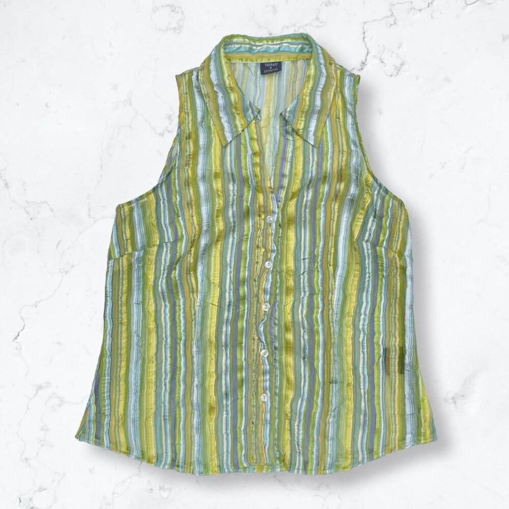 Vintage Tribal Brand Sheer‎ Metallic Green Yellow Striped Sleeveless Blouse Sz 8